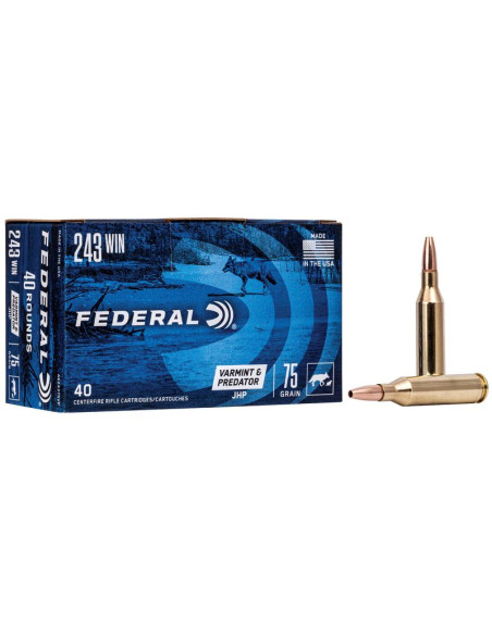 Munición metálica FEDERAL Varmint & Predator - 243 Win. - 75 grains - JHP - AE24375VP