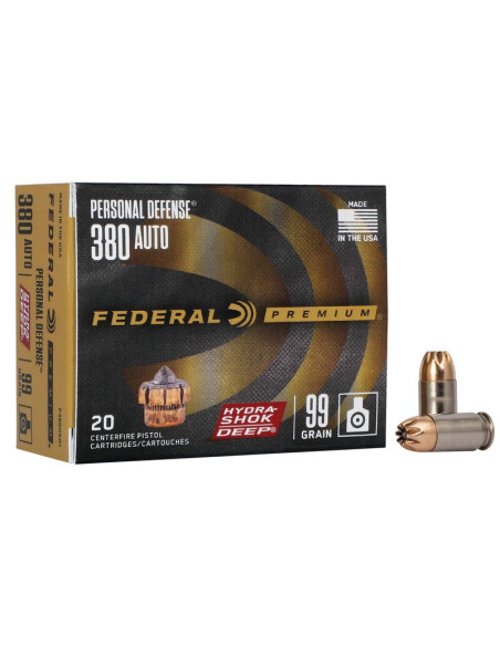Munición FEDERAL Personal Defense Hydra-Shok Deep - 9mm. corto - 99 grains - JHP - P380HSD1