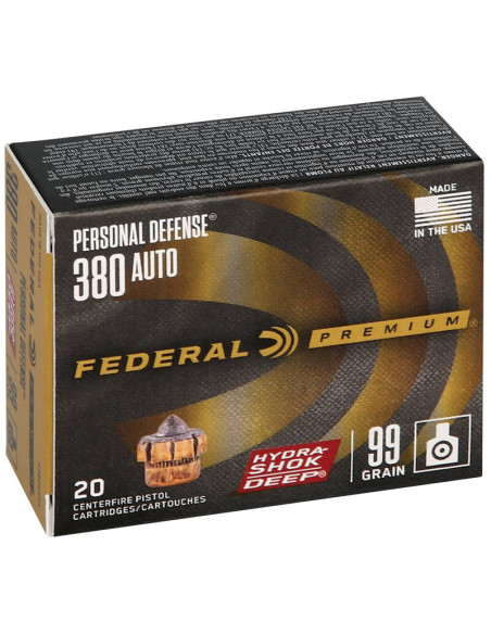 Munición FEDERAL Personal Defense Hydra-Shok Deep - 9mm. corto - 99 grains - JHP - P380HSD1