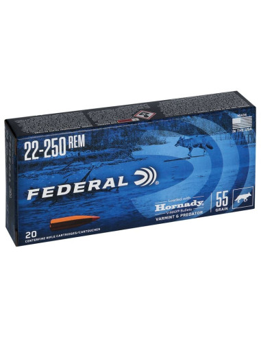 Munición metálica FEDERAL Varmint & Predator Hornady V-Max - 22-250 Rem. - 55 grains - V22250VM2