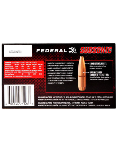 Munición metálica FEDERAL Subsonic American Eagle - 308 Win. - 205 grains - 308SUB1