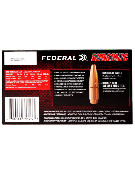 Munición metálica FEDERAL Subsonic American Eagle - 308 Win. - 205 grains - 308SUB1