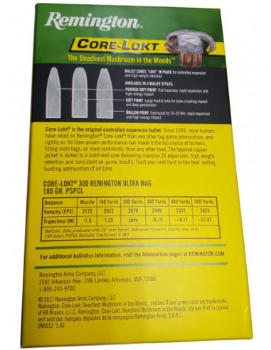 Munición metálica REMINGTON CORE-LOKT - 300 RUM - 180 grains - 27641