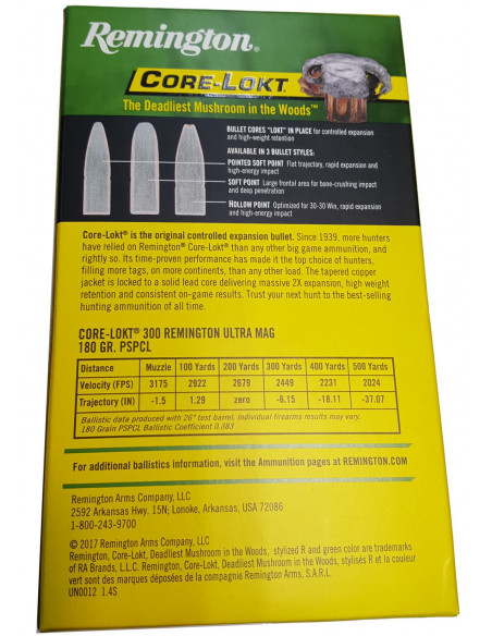 Munición metálica REMINGTON CORE-LOKT - 300 RUM - 180 grains - 27641