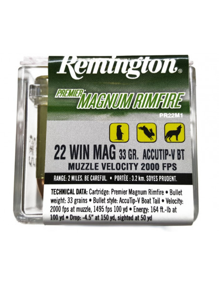 Munición metálica REMINGTON Premier Magnum Rimfire ACCUTIP-V - .22 Magnum - 33 grains - 21184